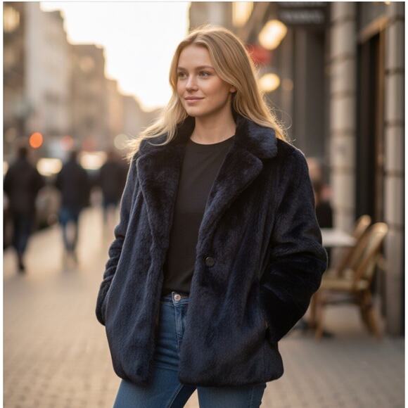 Banana Republic Faux Fur Coat Navy Blue Size XS Statement Chic Teddy Lux Jacket - Picture 5 of 12